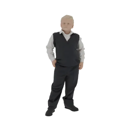 3D-Modell eines Jungen mit blonden Haaren, gekleidet in einem weißen Hemd, dunkler Weste und dunkler Hose, stehend mit einer