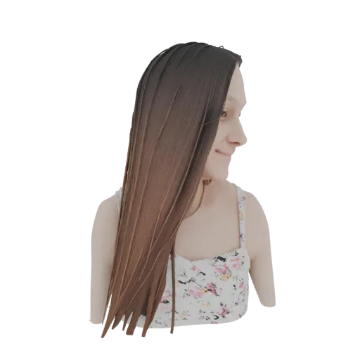 3D model preview of a woman's bust with long, flowing ombre brown hair and a white floral-print top, shown in profile.