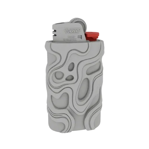 3D model of a gray lighter with a red ignition button and an abstract topographic pattern wrapping around its body.