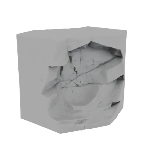 3D render of a gray cube with a deeply fractured and textured rock surface.