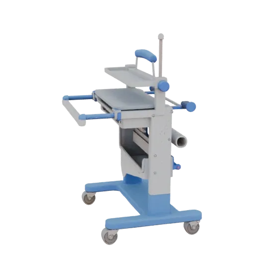 Clinic IV Stand 3D model, three-quarter front view, AR viewer studio render, showing painted metal, clinical silhouette.