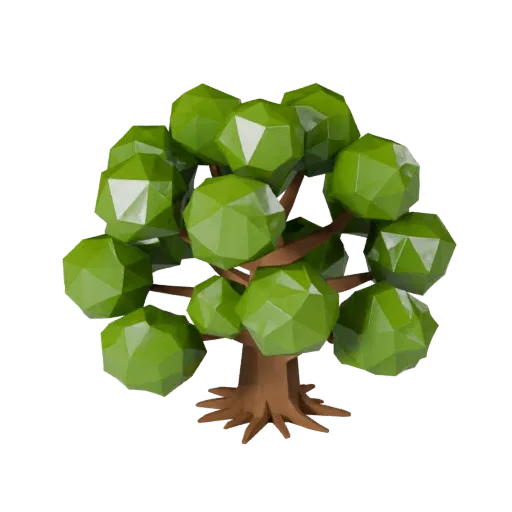 Oak Tree Cluster Low Poly 3D model, game viewport three-quarter view, showing leaf clusters, terrain detail.