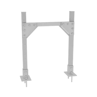 3D-Modell eines grauen industriellen Stahlfachwerkträgers mit verschraubten Verbindungen, vor schwarzem Hintergrund.