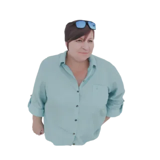3D-Modell einer Frau mit kurzen braunen Haaren, einem hellblauen Hemd und einer blauen Sonnenbrille auf dem Kopf, die zur Sei