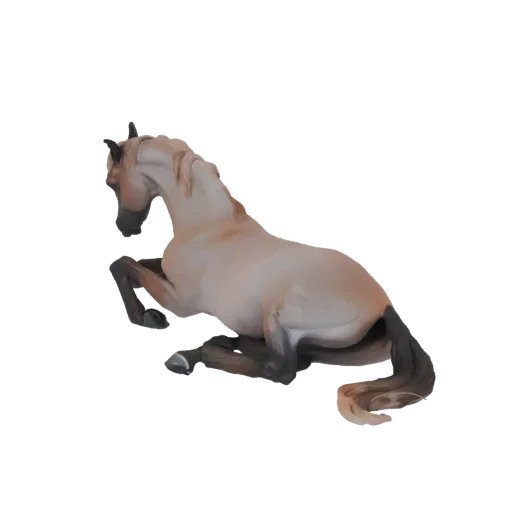 3D model of a light brown horse lying down on a white background, with its head turned to the side.