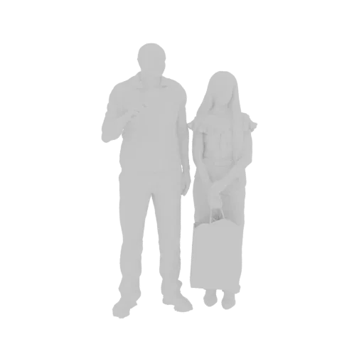 Modèle 3D d'un homme et d'une femme debout ensemble, la femme tenant un sac de courses.