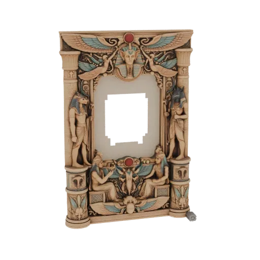 Modèle 3D d'un cache-prise arche de temple égyptien avec divinités, hiéroglyphes et gemmes décoratives.