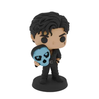 Modello 3D di una figura gotica stilizzata con capelli scuri, che indossa un abito nero e tiene un teschio blu con segni deco