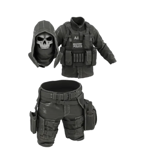 Modelo 3D de traje tático com capuz adornado de caveira, colete tático e calças utilitárias, apresentado em fundo preto.