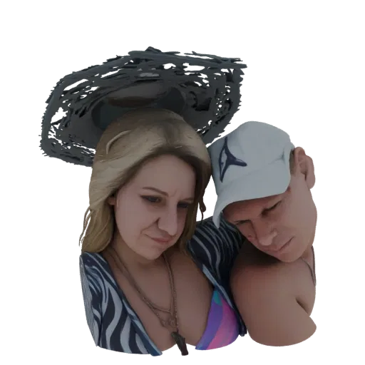 Modèle 3D d'un couple s'enlaçant sous un grand chapeau texturé, la femme portant un haut à motifs et l'homme une casquette de