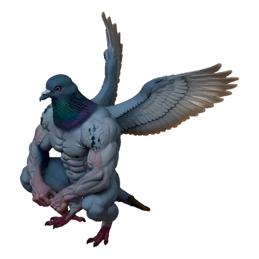 3D model of a muscular pigeon warrior with feathered wings, crouching with a powerful stance.