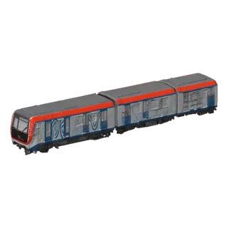 Ein 3D-Modell eines modernen Doppelstockzugs mit rot-grauer Lackierung, gezeigt vor schwarzem Hintergrund.