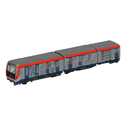 A 3D model of a modern double-carriage train with red and grey livery, shown against a black background.