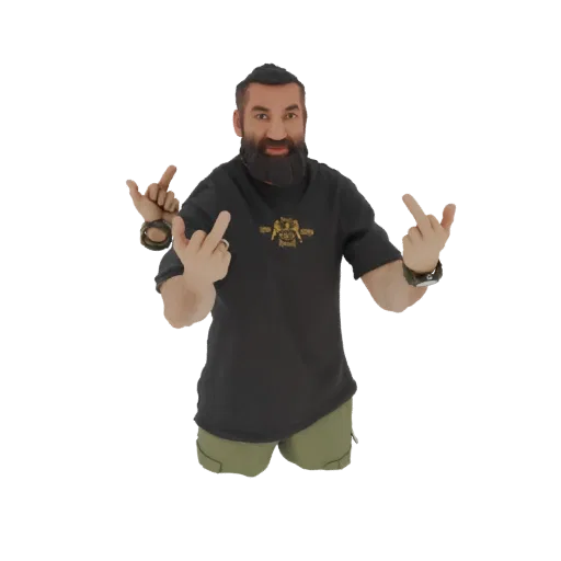 3D model of a man with a beard wearing a black t-shirt and green shorts, giving the middle finger with both hands.