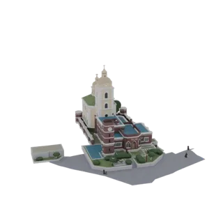 Modelo 3D de uma igreja barroca com torre sineira e edifício anexo adjacente, sobre fundo branco.