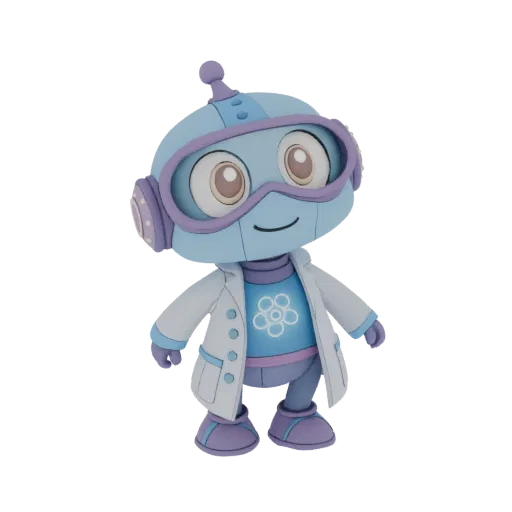 A 3D render of a cute, light blue robot character wearing purple goggles and a white lab coat, standing with a friendly expre