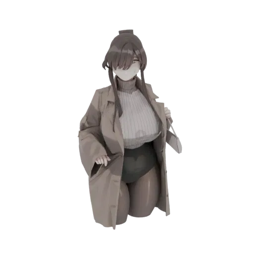 3D model of an anime woman wearing a beige trench coat and white turtleneck, with dark shorts, against a white background.