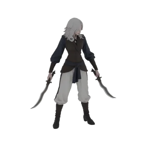 Modello 3D guerriera fantasy con capelli bianchi, gilet marrone e maniche blu, impugna due pugnali ricurvi.