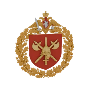Modèle 3D de l'Emblème Militaire Russe, avec couronne de chêne dorée, bouclier rouge avec haches croisées et épée, et aigle à