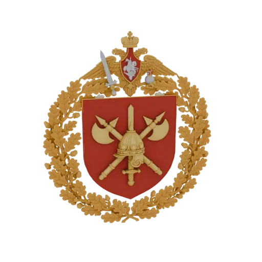 3D model of the Russian Military Emblem, featuring a gold oak wreath, red shield with crossed axes and sword, and a double-he