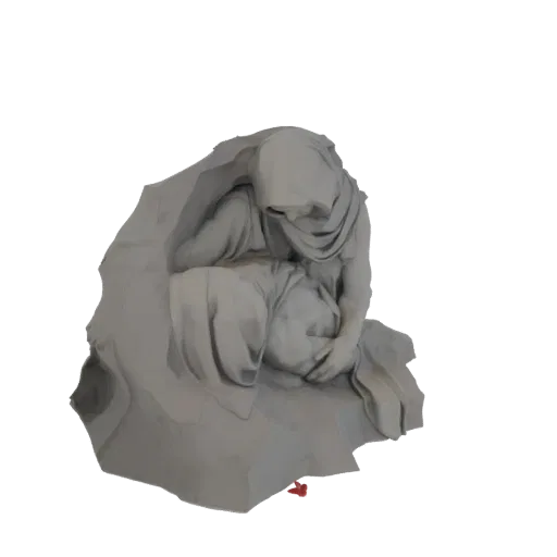3D model render of a sorrowful mother sculpture, draped in fabric, with a hunched posture conveying grief.