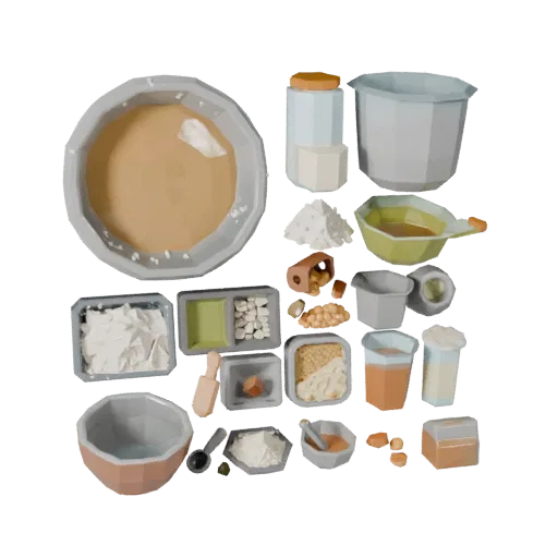 Baking Flour Bowl Low Poly 3D model, game viewport three-quarter view, showing powders, small ingredient shapes.