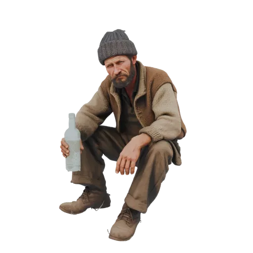 3D model of a homeless man sitting down, wearing a beanie and holding a bottle.