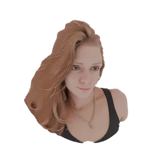 3D model of a young woman with long, flowing blonde hair, wearing a necklace and a black top, looking slightly to the side.