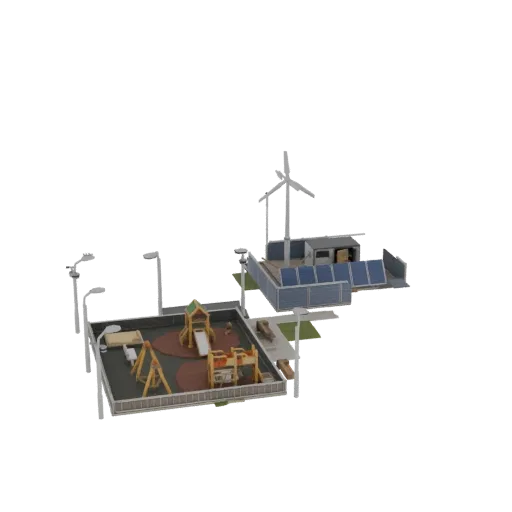 3D model of an eco-friendly playground with swings and slides, adjacent to a renewable energy hub with a wind turbine and sol