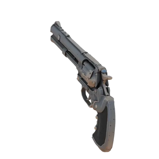 A detailed 3D render of a steampunk-style revolver with intricate mechanical details and a weathered metallic finish, present