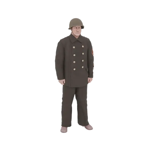 3D model of a WWII soldier standing in a brown uniform and helmet, facing forward.