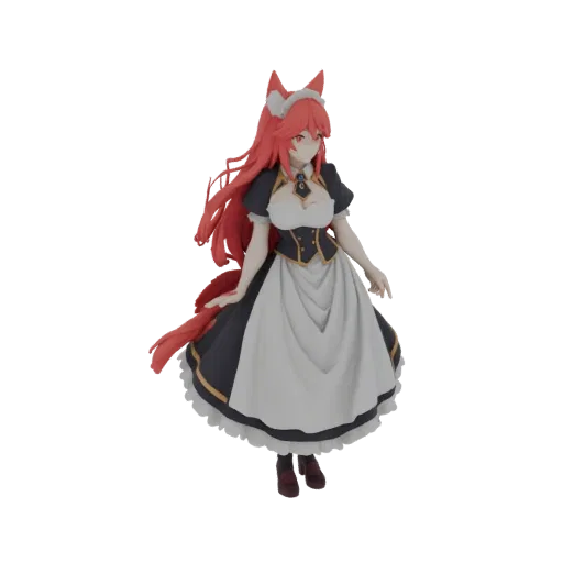 3D model of an anime fox maid with red hair, wearing a black and white maid outfit, with fox ears and tail.