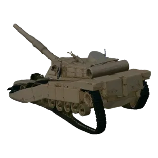 3D model of a modern desert tank with a tan camouflage, shown from a side-angle against a black background.