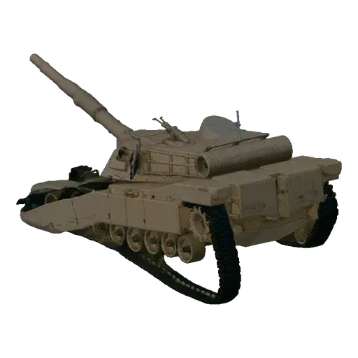 3D model of a modern desert tank with a tan camouflage, shown from a side-angle against a black background.