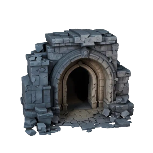 Fantasy Dungeon Entrance Low Poly 3D model, game viewport three-quarter view, showing aged stone, built remnants.