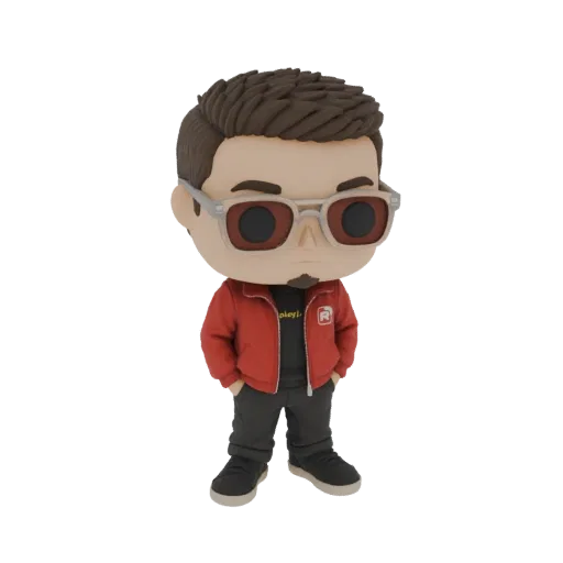 3D model of a stylized man in a red jacket, black t-shirt, and dark pants, wearing large sunglasses, in a Funko Pop-like styl