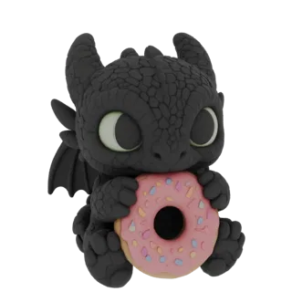 Una renderización 3D de un dragón chibi negro y lindo con ojos verdes grandes, sentado y sosteniendo un donut rosa con chispa