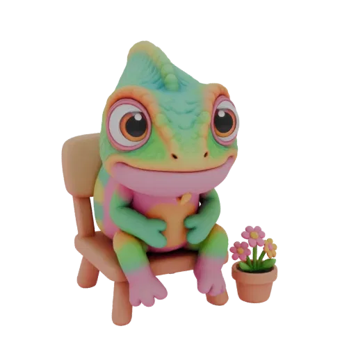 3D model of a cute, colorful chameleon sitting on a wooden chair next to a pot of pink and yellow flowers.