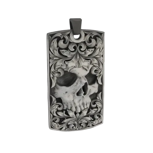 3D model of a rectangular pendant featuring a detailed skull in the center, surrounded by ornate baroque filigree, with a bai