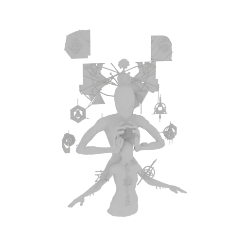 3D model of two intertwined ethereal figures surrounded by geometric shapes, rendered in a ghostly white material.