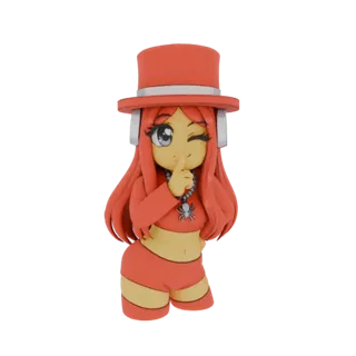 3D-Modell eines niedlichen Anime-Mädchens mit roten Haaren, rotem Zylinder, Crop-Top, Shorts und Spinnenhalskette, das zwinke