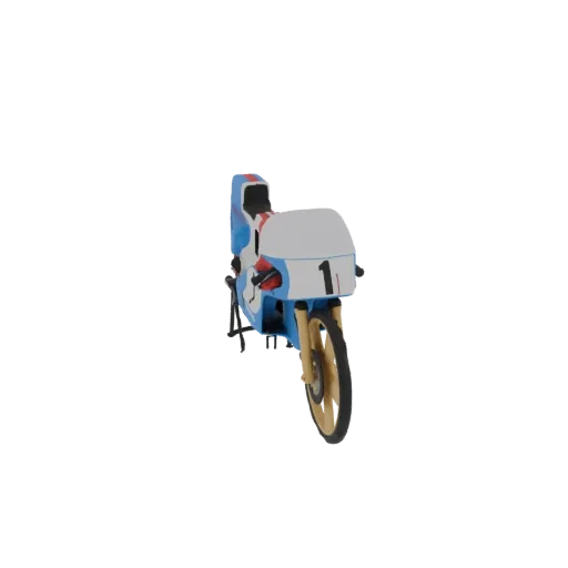 3D model of a vintage blue and white racing motorcycle with the number 1 on the front fairing, set against a black background
