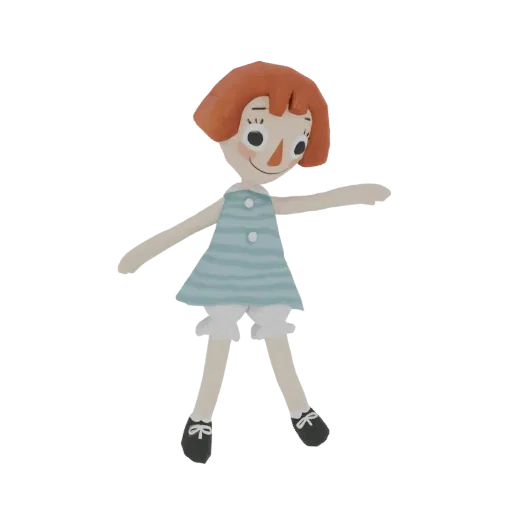 3D model of a girl doll with reddish-brown hair, wearing a blue striped dress and white shorts, in a clay-like art style.