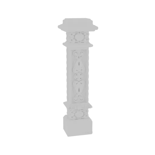 3D model of a white, ornate carved pillar with intricate geometric and floral patterns, standing on a square base.
