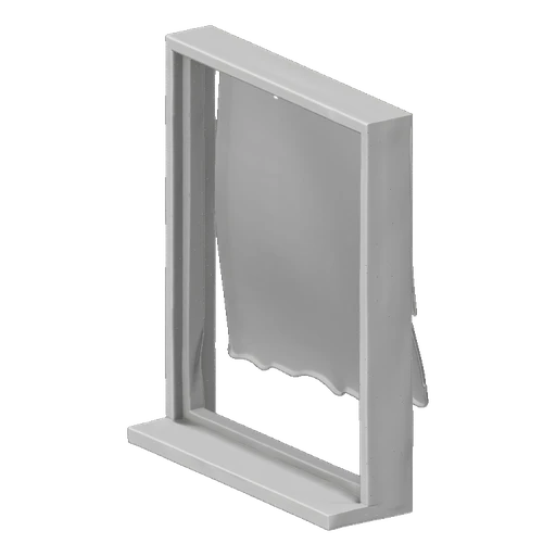 3D render of a minimalist gray window frame with a torn, irregular pane, set against a black background.