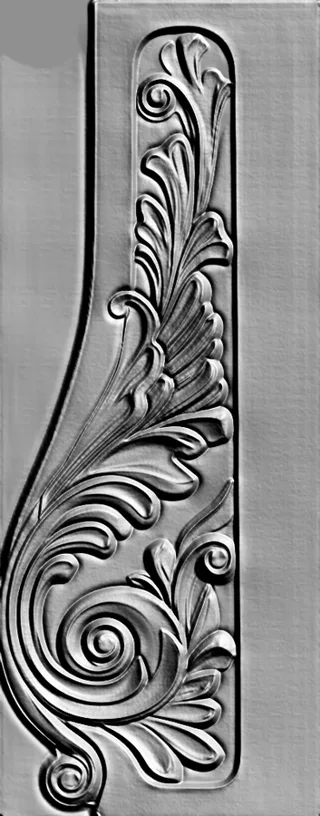 Modelo 3D de relevo com clássico ornamento floral, retratando volutas em espiral e folhas estilizadas.