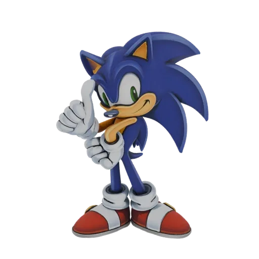 3D model of Sonic the Hedgehog giving a thumbs up gesture, with blue spikes, green eyes, and red shoes, against a white backg