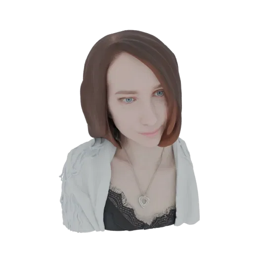 3D render of a woman with auburn hair and blue eyes, wearing a white cardigan and a heart pendant necklace.