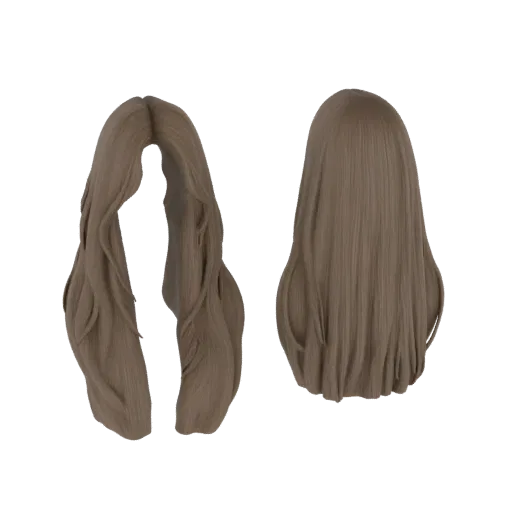 3D model of a long, wavy brown hair wig, shown from front and back views against a black background.
