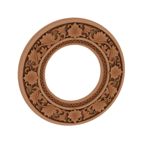 A highly detailed 3D model of a round wooden frame with ornate acanthus leaves and baroque scrollwork, presented on a black b